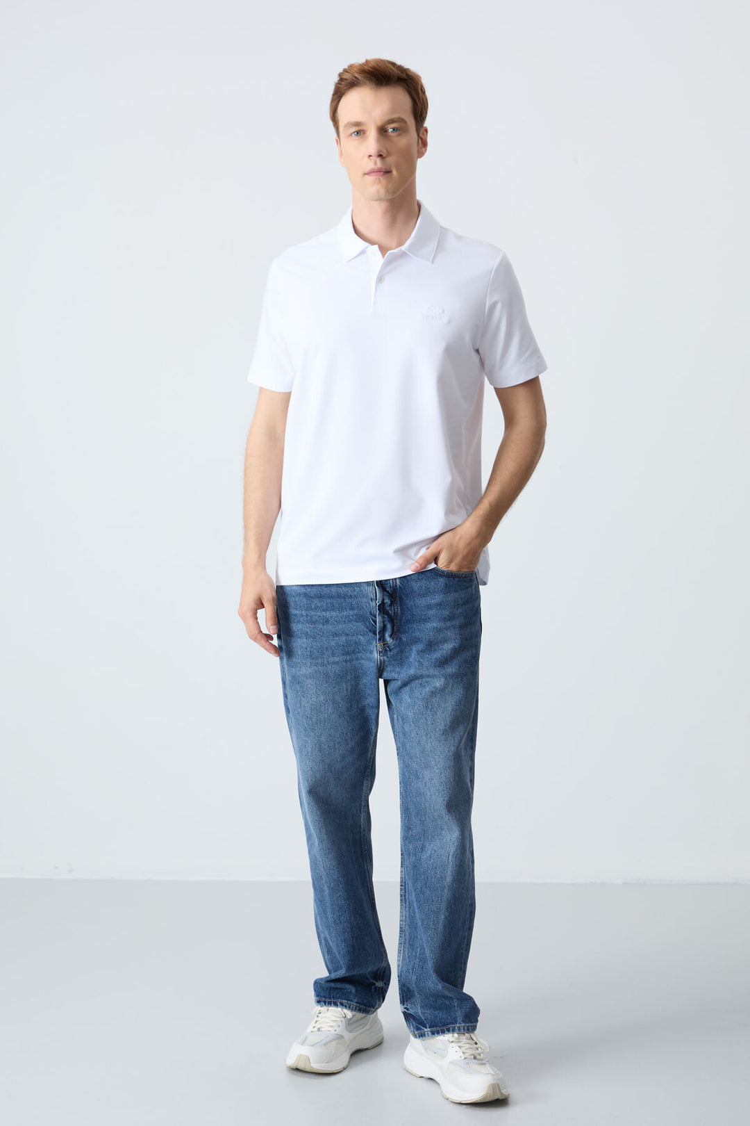 TMY White Basic Logo Standard Mold Knit Polo Neck Men's T-Shirt - 87748 - Tecamachalco