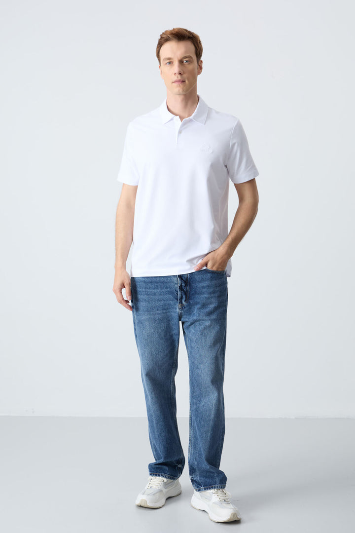 TMY White Basic Logo Standard Mold Knit Polo Neck Men's T-Shirt - 87748 - Tecamachalco
