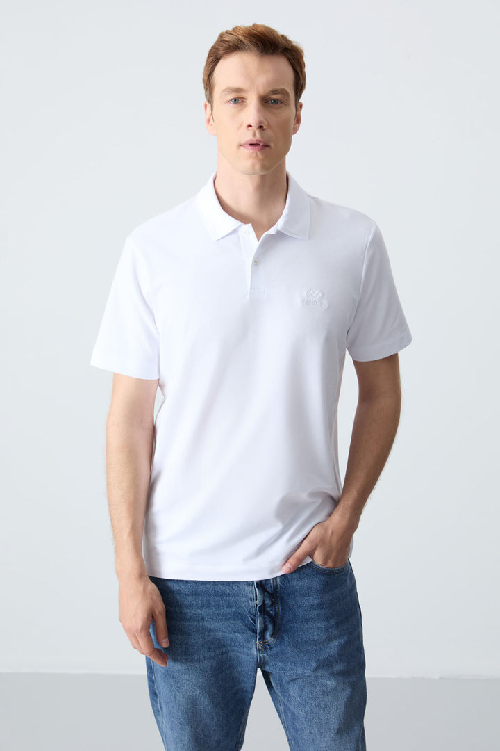 TMY White Basic Logo Standard Mold Knit Polo Neck Men's T-Shirt - 87748 - Tecamachalco