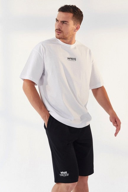 TMY White Small Text Printed O Neck Men's Oversize T-Shirt - 87985 - Catanzaro