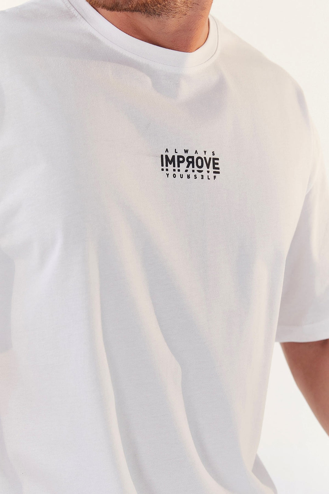TMY White Small Text Printed O Neck Men's Oversize T-Shirt - 87985 - Catanzaro