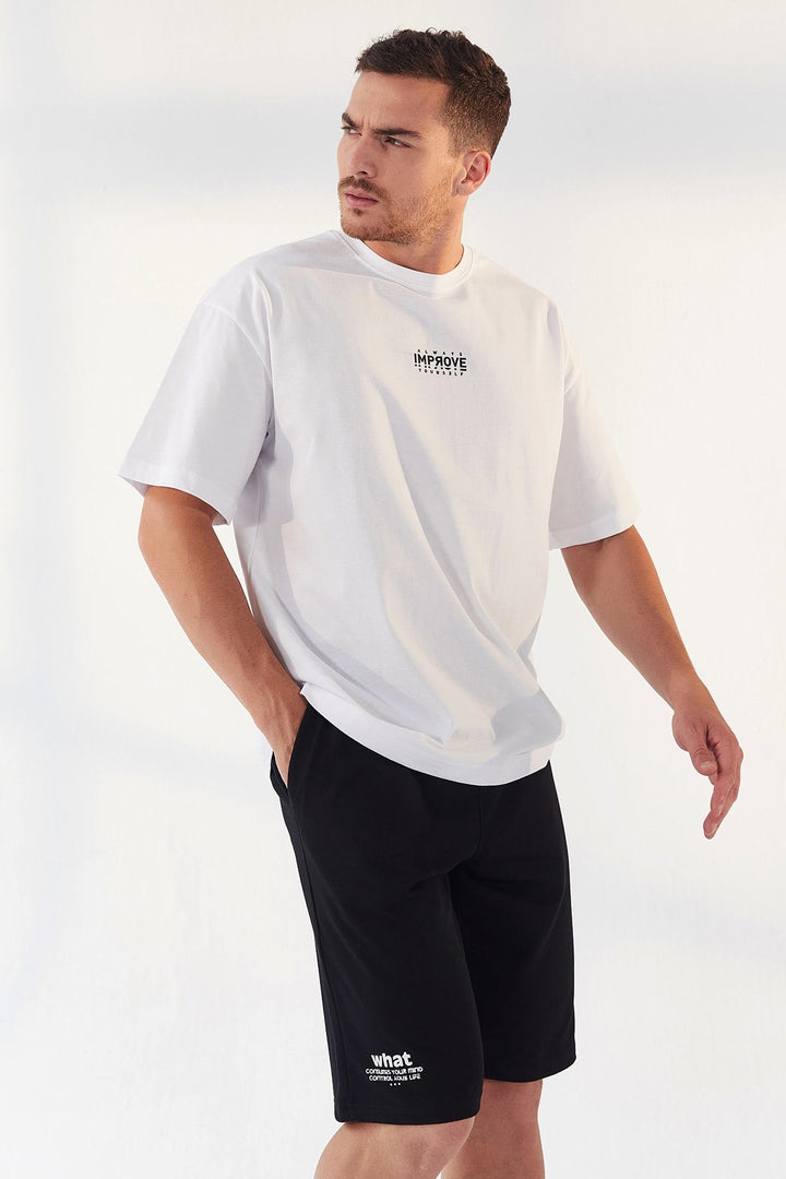TMY White Small Text Printed O Neck Men's Oversize T-Shirt - 87985 - Catanzaro