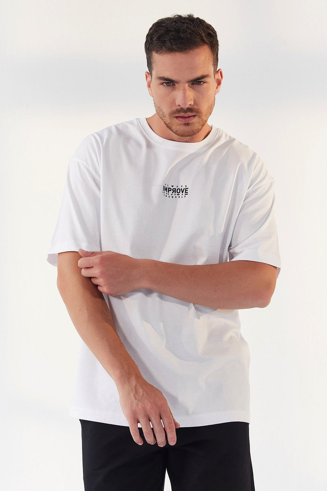 TMY White Small Text Printed O Neck Men's Oversize T-Shirt - 87985 - Catanzaro