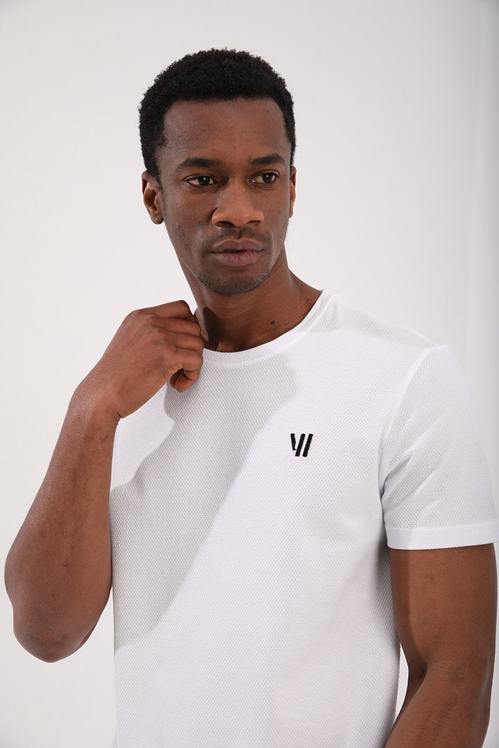 TMY White Honeycomb Patterned Double Arrow Logo Standard Mold O Neck Men's T-Shirt - 87921 - Gütersloh