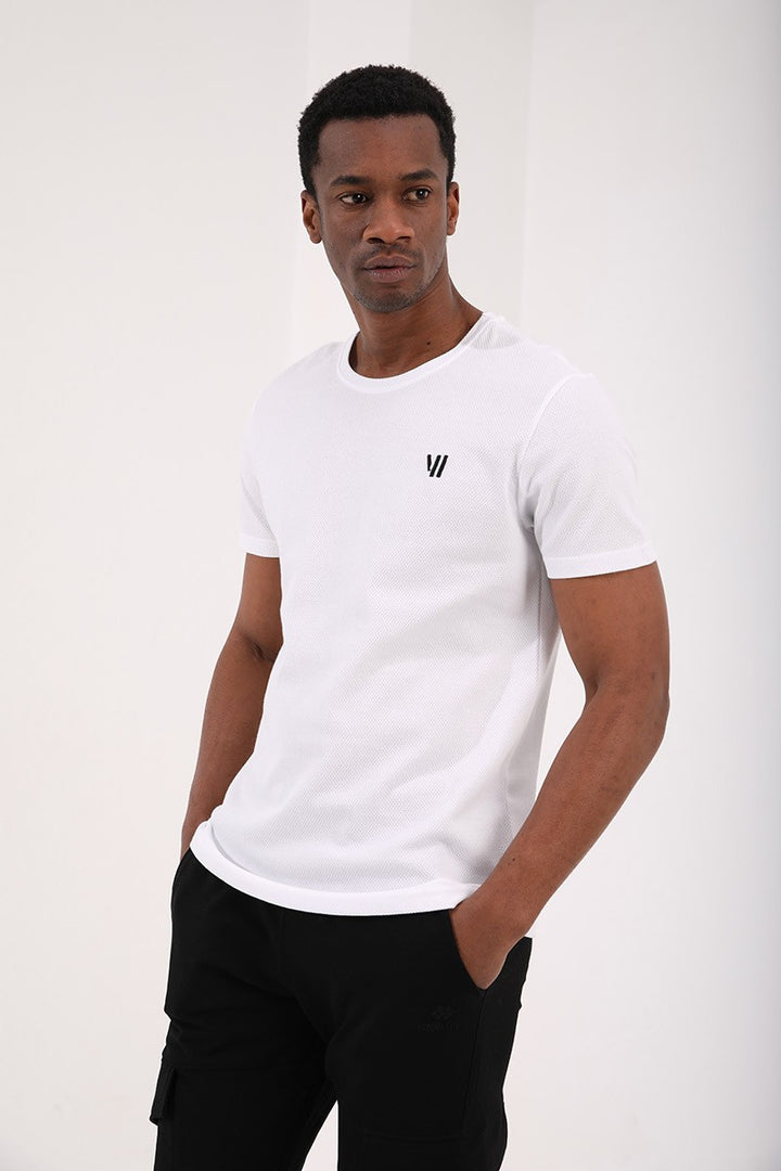 TMY White Honeycomb Patterned Double Arrow Logo Standard Mold O Neck Men's T-Shirt - 87921 - Gütersloh
