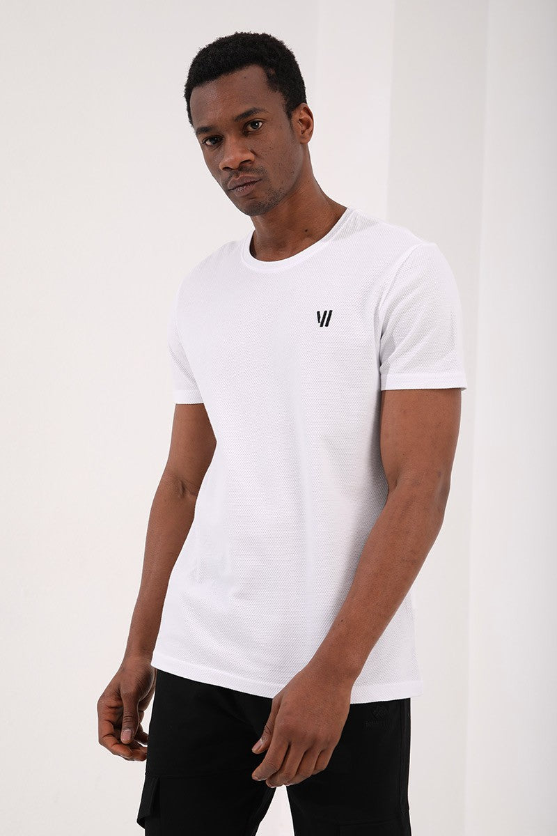 TMY White Honeycomb Patterned Double Arrow Logo Standard Mold O Neck Men's T-Shirt - 87921 - Gütersloh