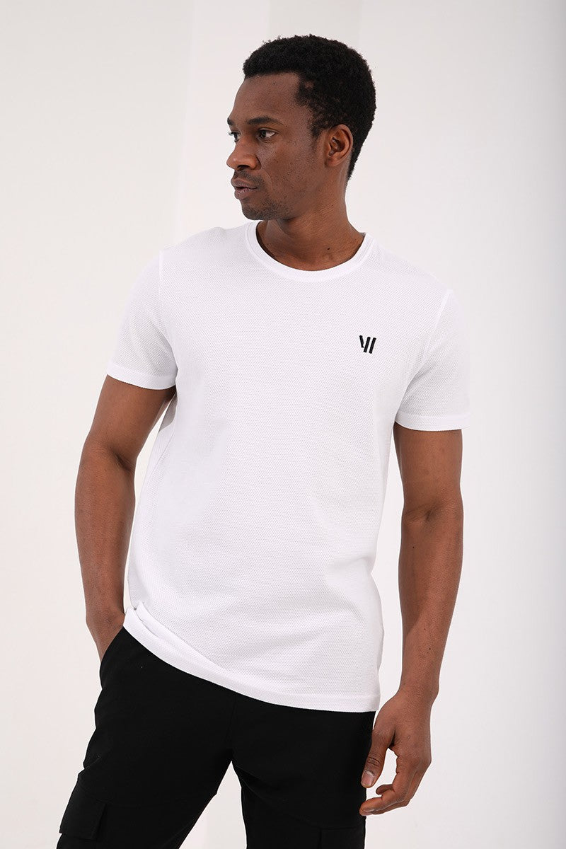 TMY White Honeycomb Patterned Double Arrow Logo Standard Mold O Neck Men's T-Shirt - 87921 - Gütersloh