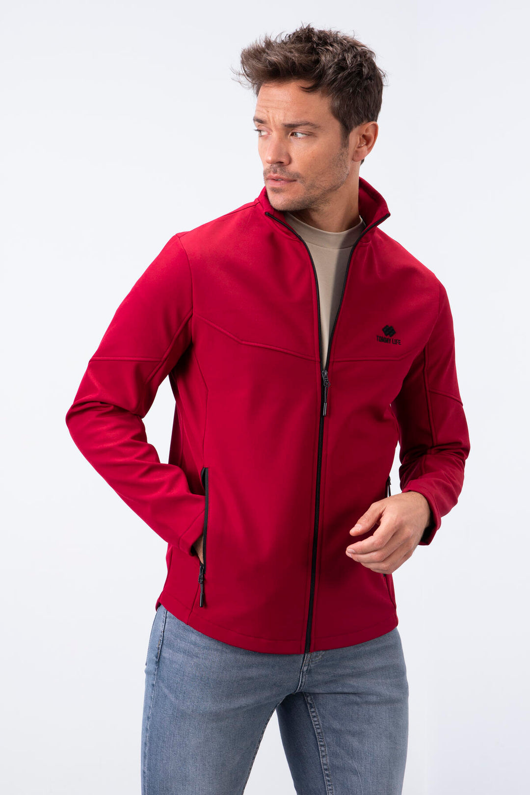 TMY Burgundy Zippered High Neck Water and Wind Resistant Softshell Men's Jacket - 88050 - Peristéri