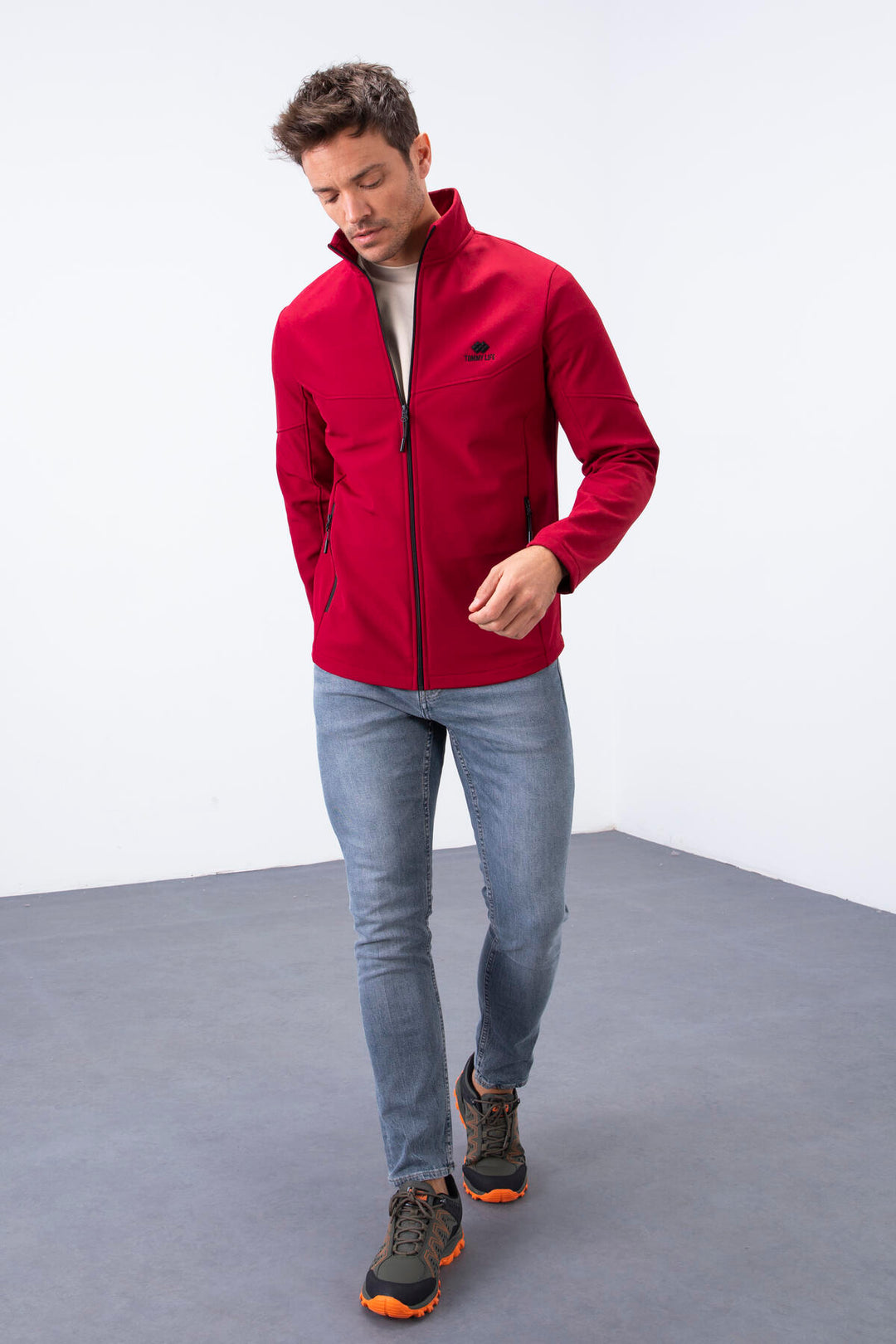 TMY Burgundy Zippered High Neck Water and Wind Resistant Softshell Men's Jacket - 88050 - Peristéri