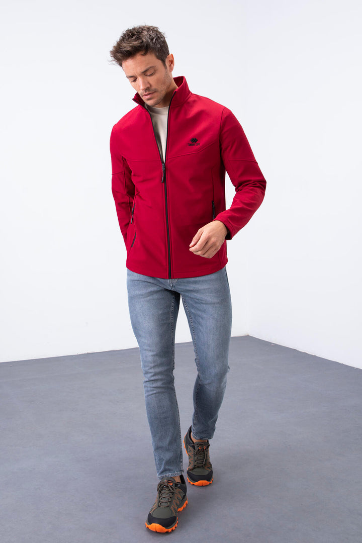 TMY Burgundy Zippered High Neck Water and Wind Resistant Softshell Men's Jacket - 88050 - Peristéri