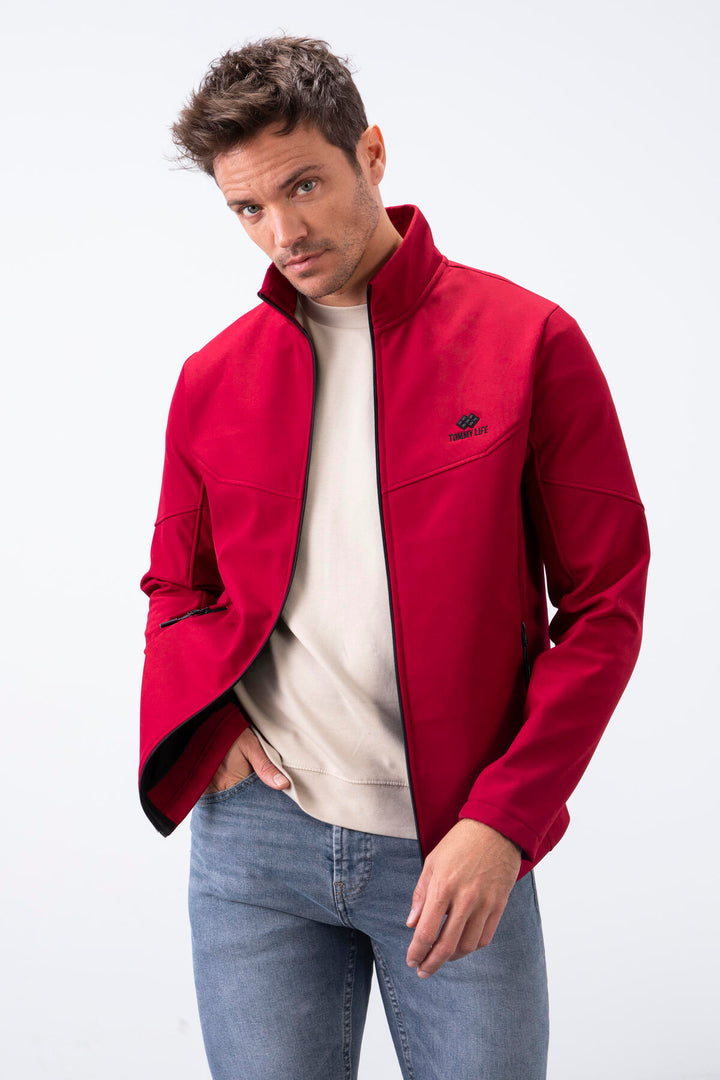TMY Burgundy Zippered High Neck Water and Wind Resistant Softshell Men's Jacket - 88050 - Peristéri