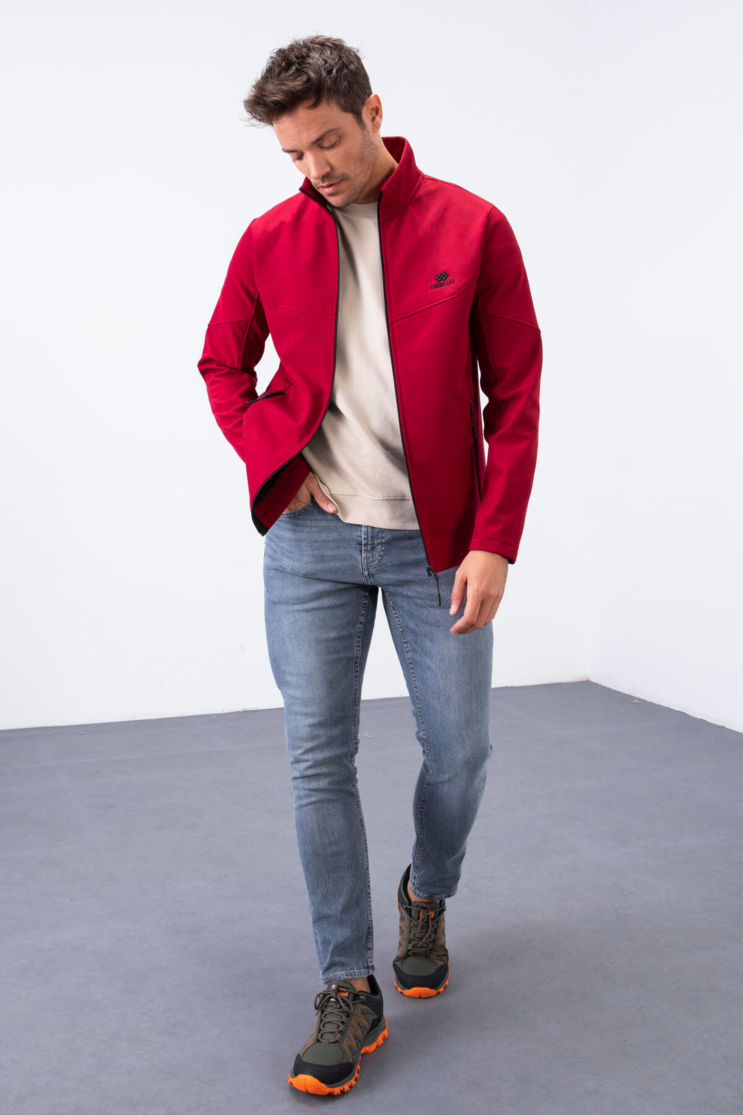 TMY Burgundy Zippered High Neck Water and Wind Resistant Softshell Men's Jacket - 88050 - Peristéri