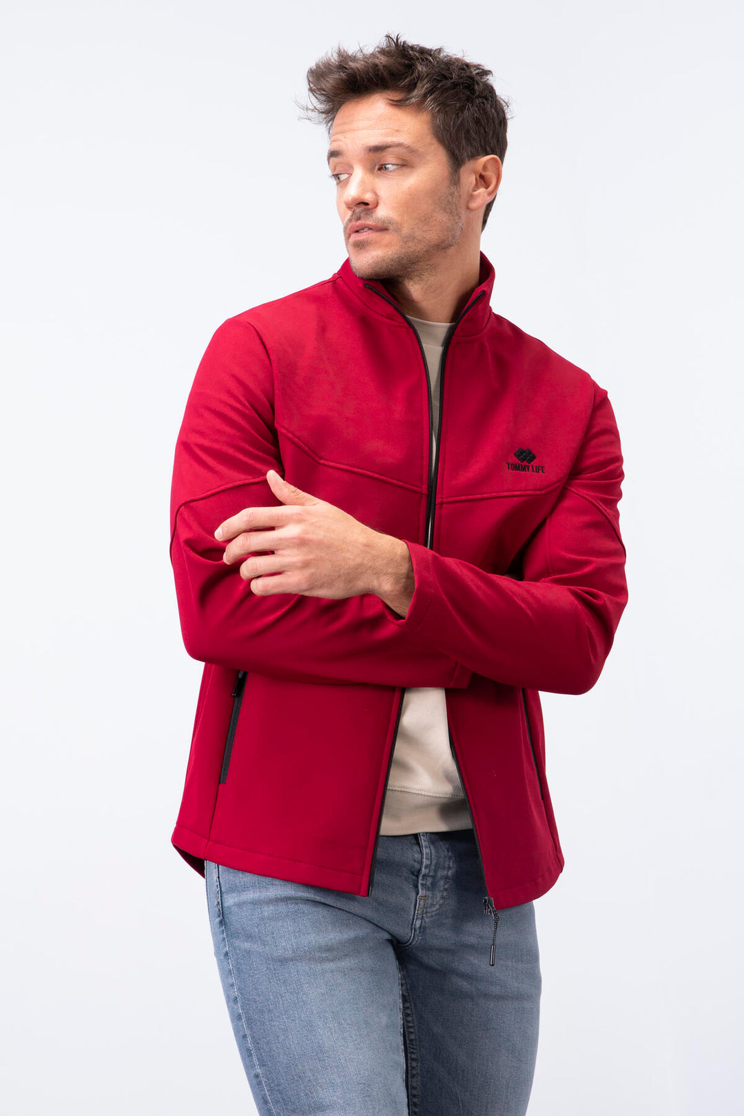 TMY Burgundy Zippered High Neck Water and Wind Resistant Softshell Men's Jacket - 88050 - Peristéri