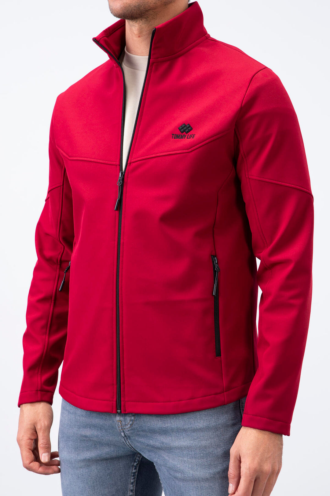 TMY Burgundy Zippered High Neck Water and Wind Resistant Softshell Men's Jacket - 88050 - Peristéri