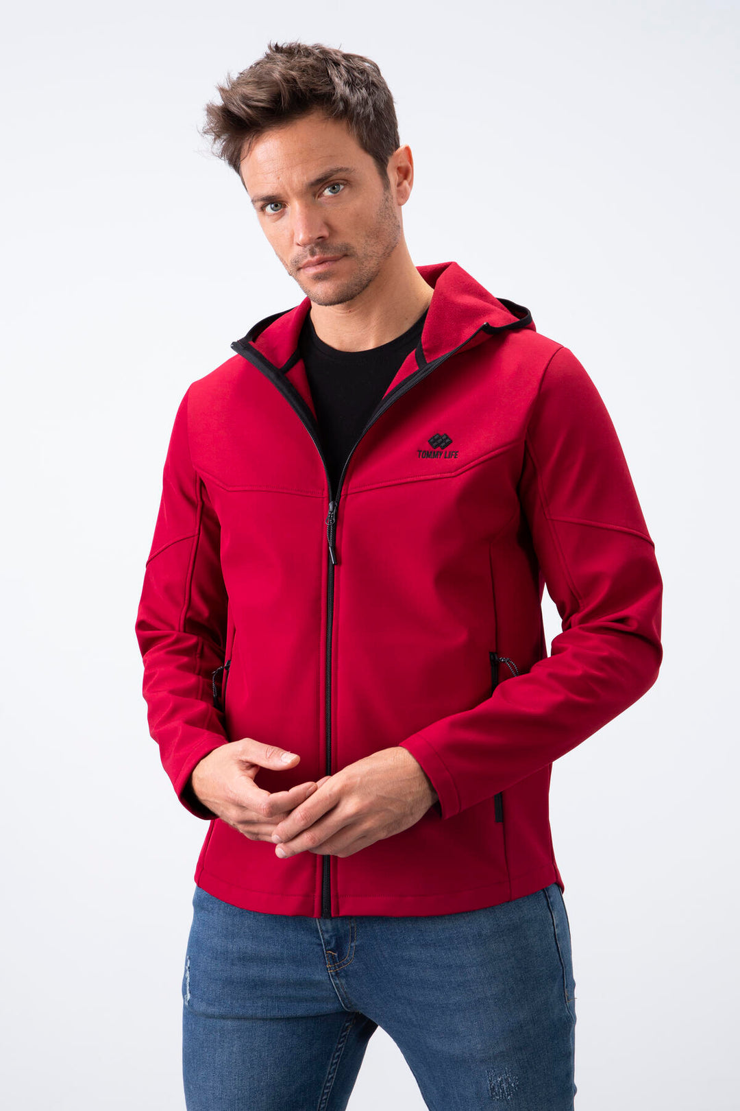 TMY Burgundy Zippered Hooded Water and Wind Resistant Softshell Men's Jacket - 88051 - Marratxi