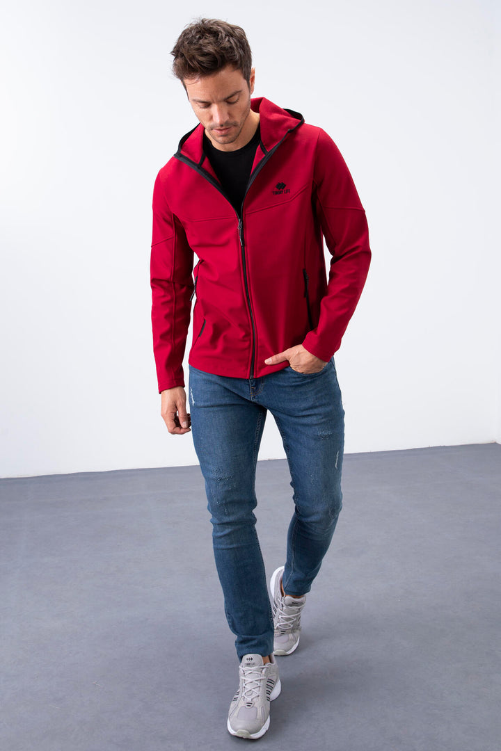 TMY Burgundy Zippered Hooded Water and Wind Resistant Softshell Men's Jacket - 88051 - Marratxi