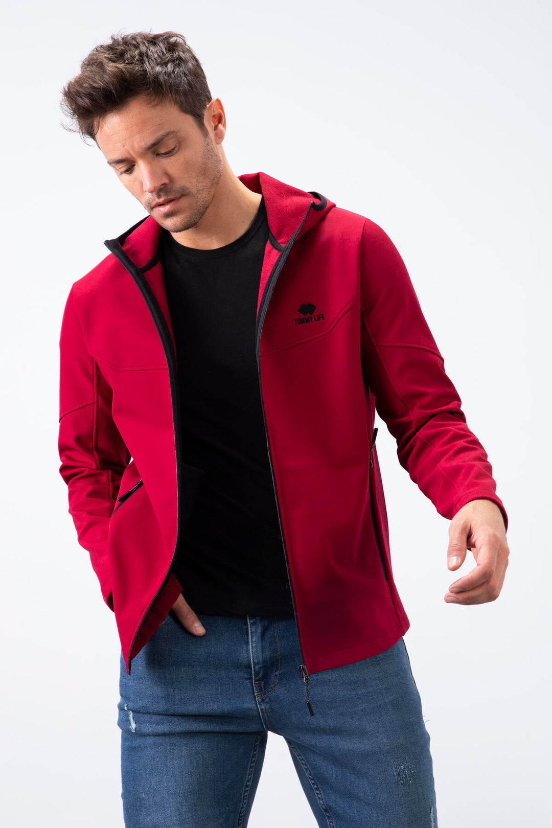 TMY Burgundy Zippered Hooded Water and Wind Resistant Softshell Men's Jacket - 88051 - Marratxi