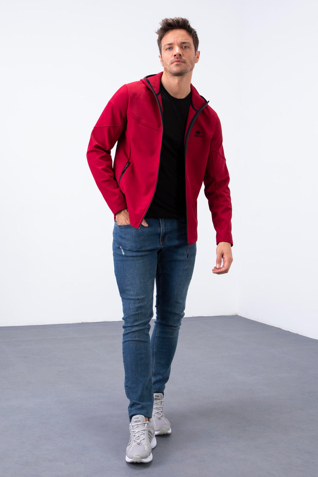 TMY Burgundy Zippered Hooded Water and Wind Resistant Softshell Men's Jacket - 88051 - Marratxi