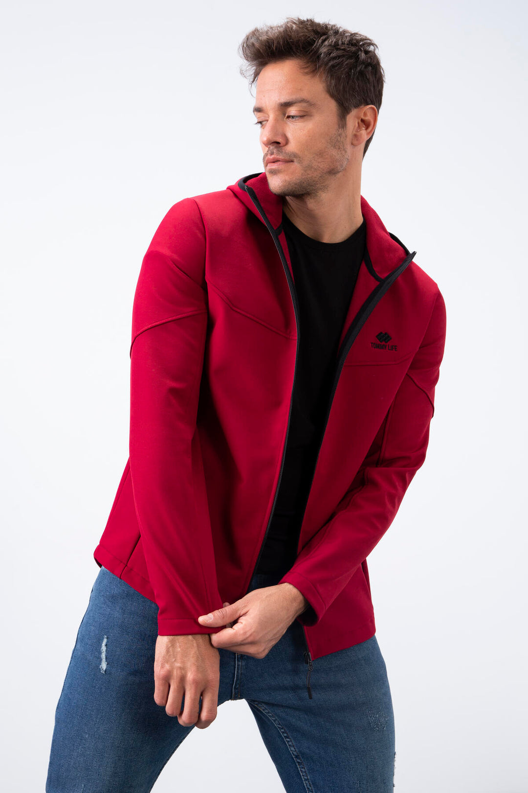 TMY Burgundy Zippered Hooded Water and Wind Resistant Softshell Men's Jacket - 88051 - Marratxi