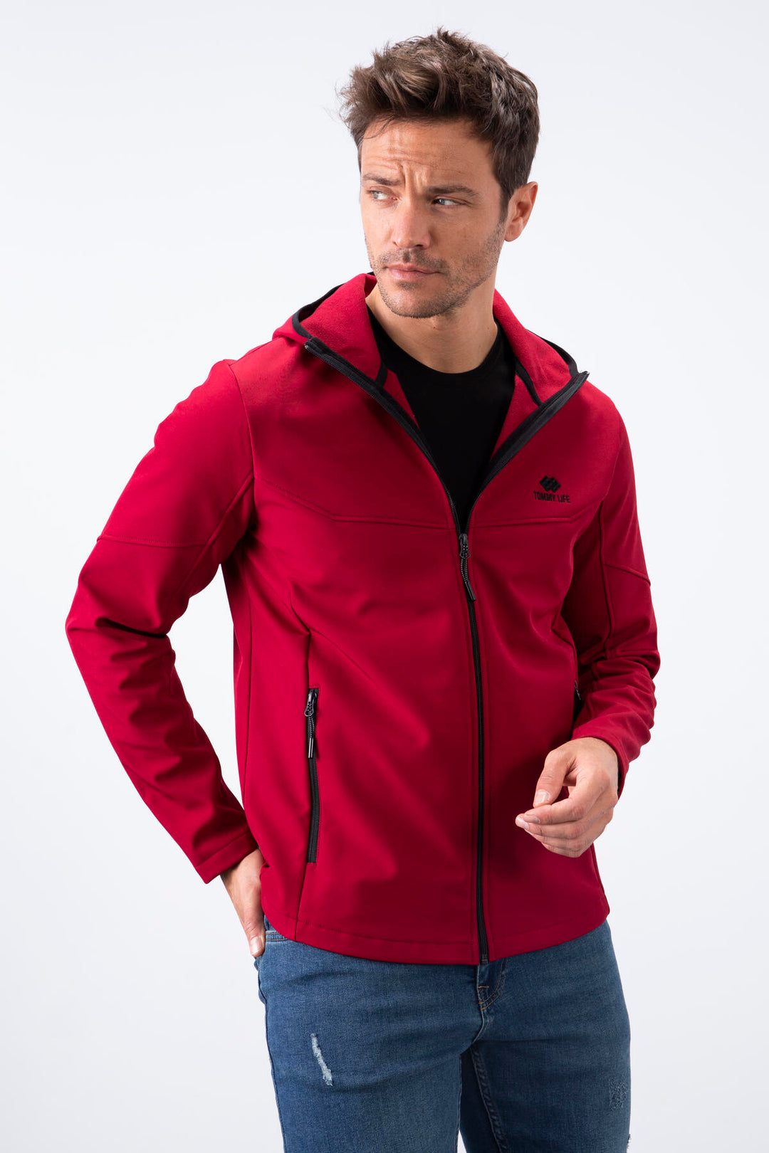 TMY Burgundy Zippered Hooded Water and Wind Resistant Softshell Men's Jacket - 88051 - Marratxi