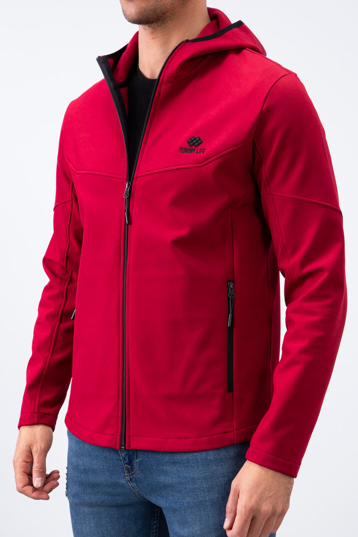 TMY Burgundy Zippered Hooded Water and Wind Resistant Softshell Men's Jacket - 88051 - Marratxi