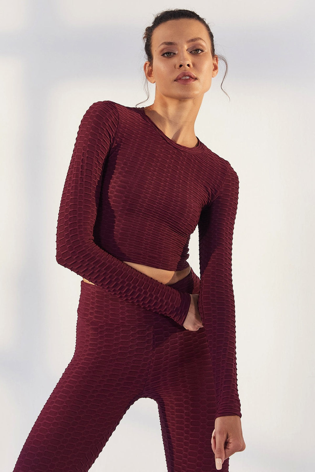 TMY Burgundy Self-Patterned O Neck Long Sleeve Women's Crop Top T-Shirt - 97153 - Meaux