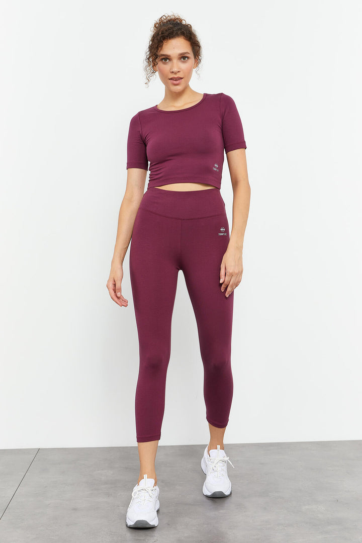 TMY Burgundy Short Sleeve Slim Fit O Neck Women Crop Top T-Shirt - 97149 - Vallejo