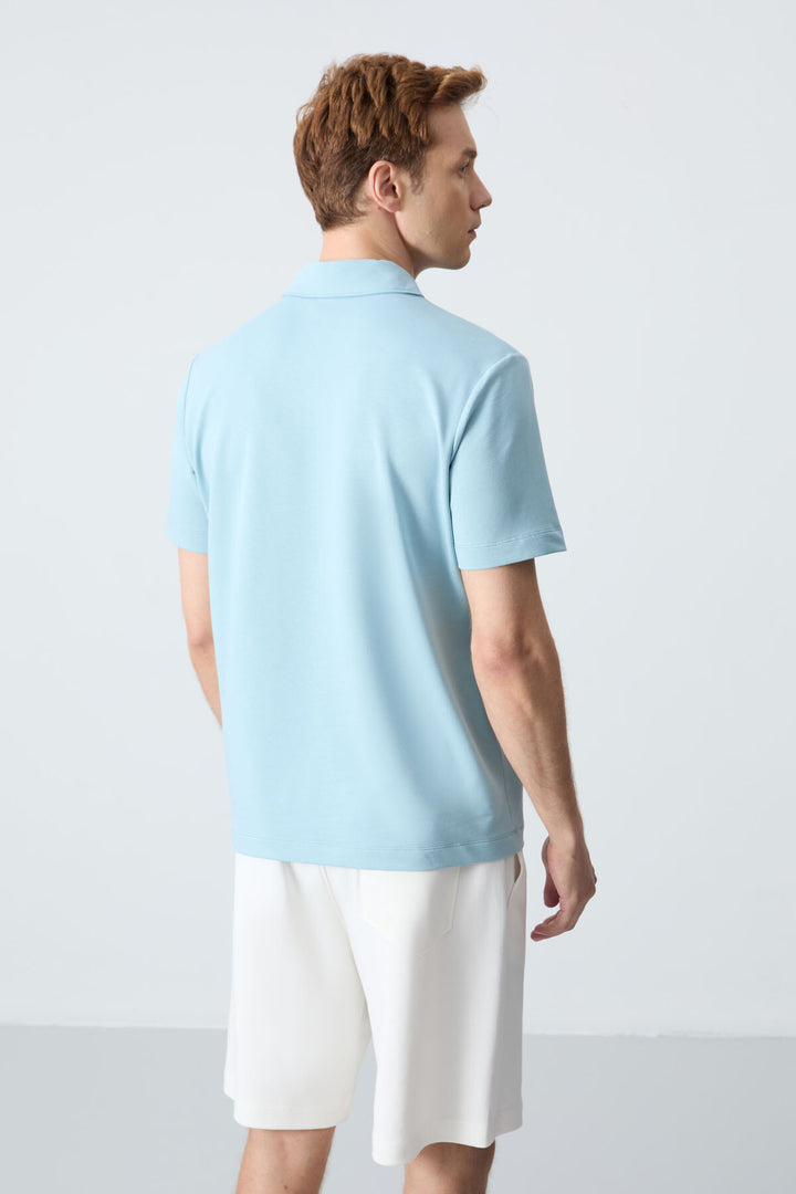 TMY Ice Blue Basic Chest Logo Standard Fit Knit Polo Collar Men's T-Shirt - 87768 - San Pedro
