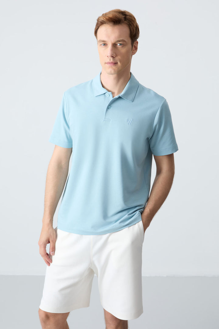TMY Ice Blue Basic Chest Logo Standard Fit Knit Polo Collar Men's T-Shirt - 87768 - San Pedro
