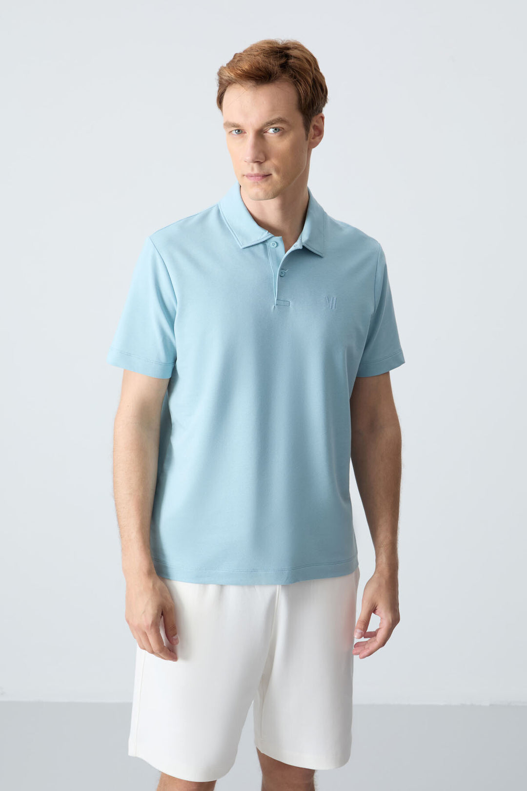 TMY Ice Blue Basic Chest Logo Standard Fit Knit Polo Collar Men's T-Shirt - 87768 - San Pedro