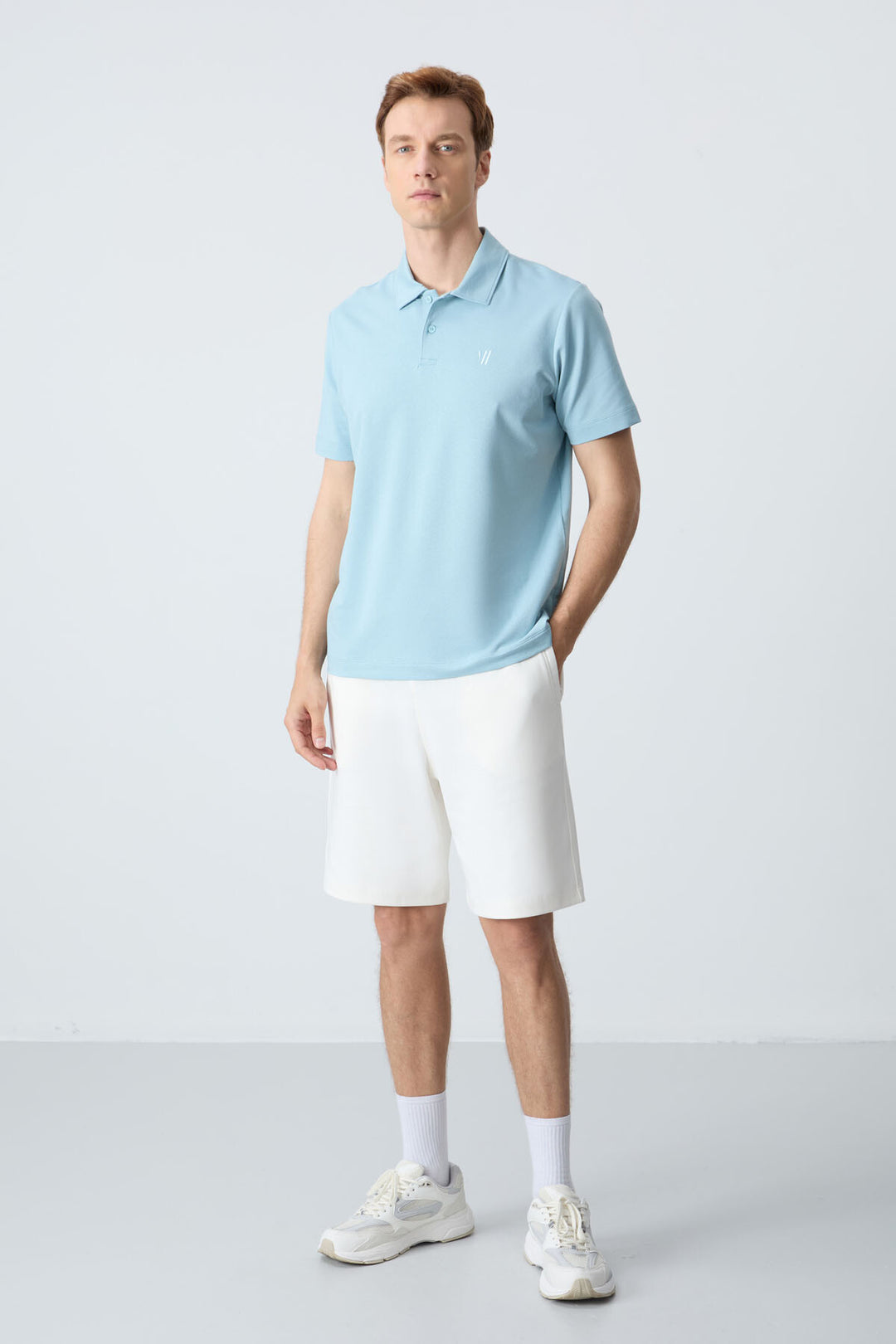 TMY Ice Blue Basic Chest Logo Standard Fit Knit Polo Collar Men's T-Shirt - 87768 - San Pedro