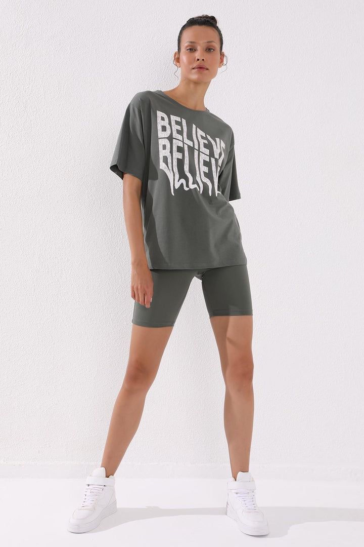 TMY Çağla Deforme Printed Text O Neck Oversize Women's T-Shirt - 97139 - Orsha