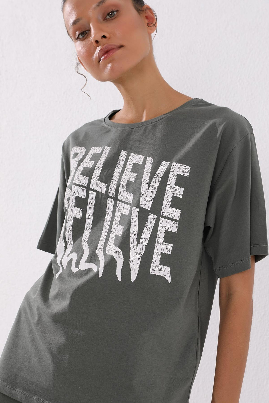TMY Çağla Deforme Printed Text O Neck Oversize Women's T-Shirt - 97139 - Orsha