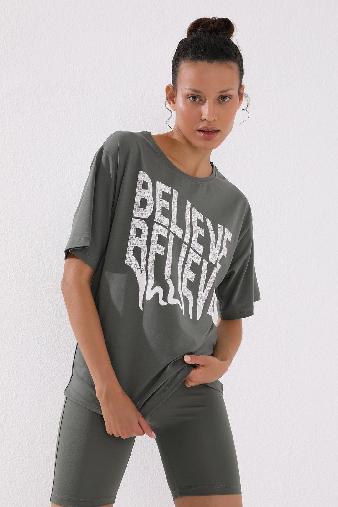 TMY Çağla Deforme Printed Text O Neck Oversize Women's T-Shirt - 97139 - Orsha