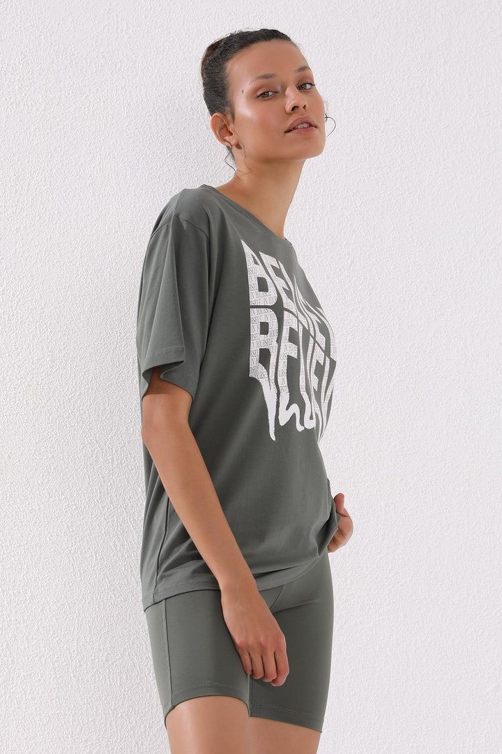 TMY Çağla Deforme Printed Text O Neck Oversize Women's T-Shirt - 97139 - Orsha