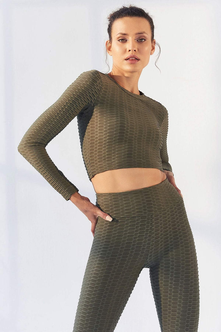 TMY Çağla Self-Patterned O Neck Long Sleeve Women's Crop Top T-Shirt - 97153 - Fedosiia