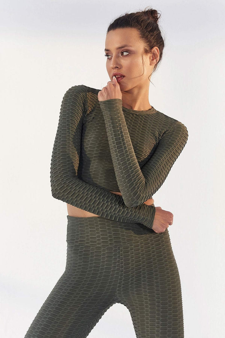 TMY Çağla Self-Patterned O Neck Long Sleeve Women's Crop Top T-Shirt - 97153 - Fedosiia