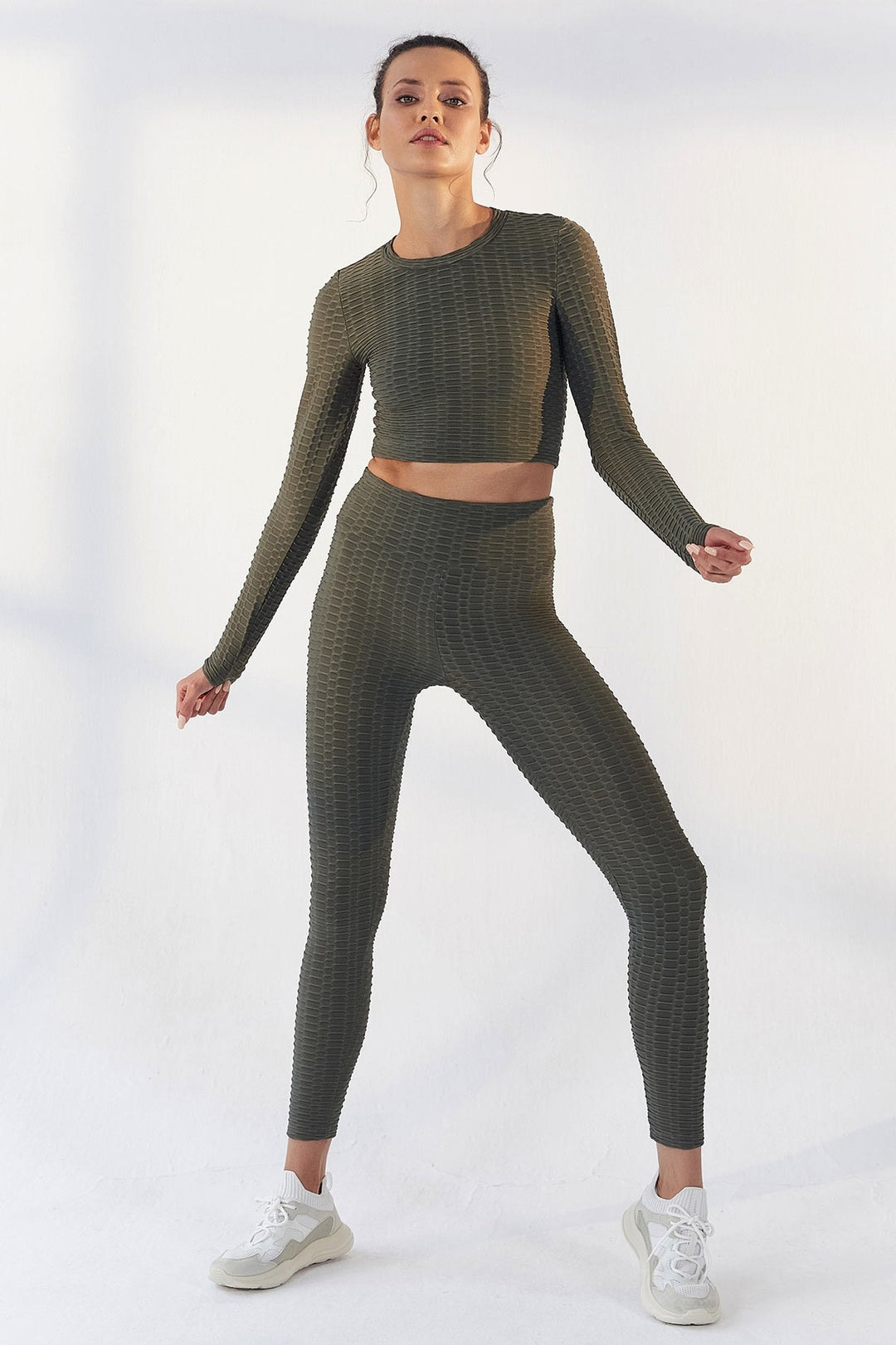 TMY Çağla Self-Patterned O Neck Long Sleeve Women's Crop Top T-Shirt - 97153 - Fedosiia