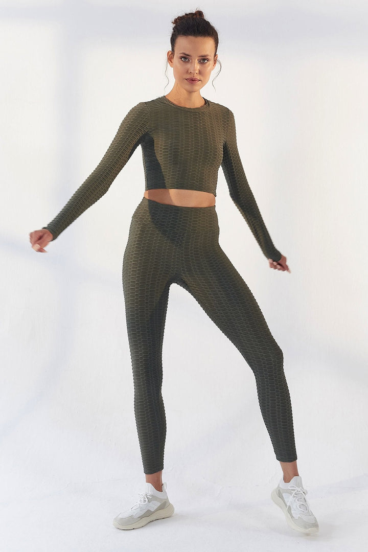 TMY Çağla Self-Patterned O Neck Long Sleeve Women's Crop Top T-Shirt - 97153 - Fedosiia