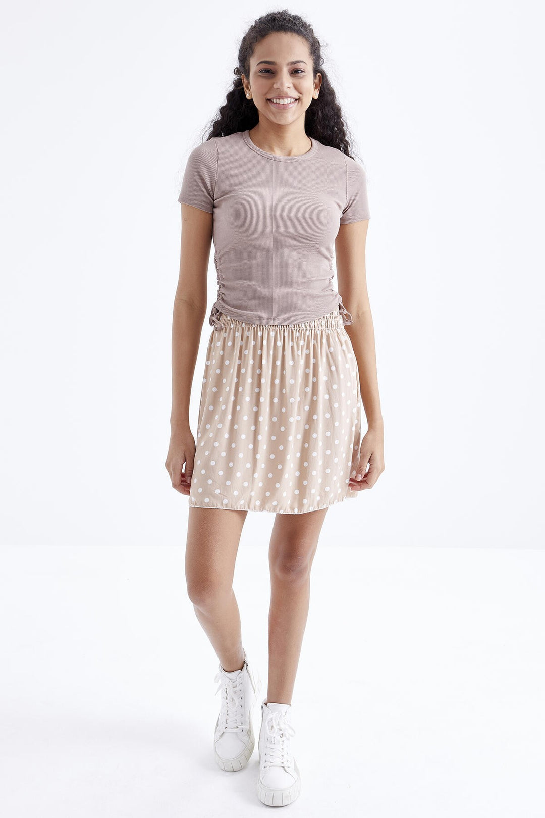 TMY Camel Basic Side Ruched Round Neck Women Crop Top T-Shirt - 97203 - Nanaimo