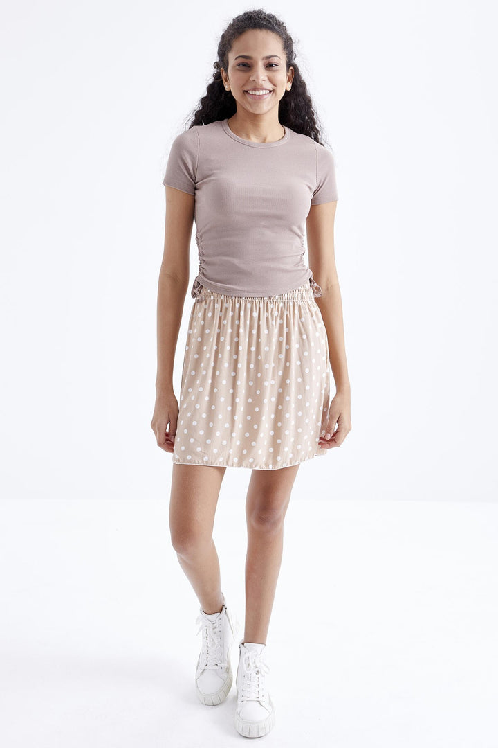 TMY Camel Basic Side Ruched Round Neck Women Crop Top T-Shirt - 97203 - Nanaimo