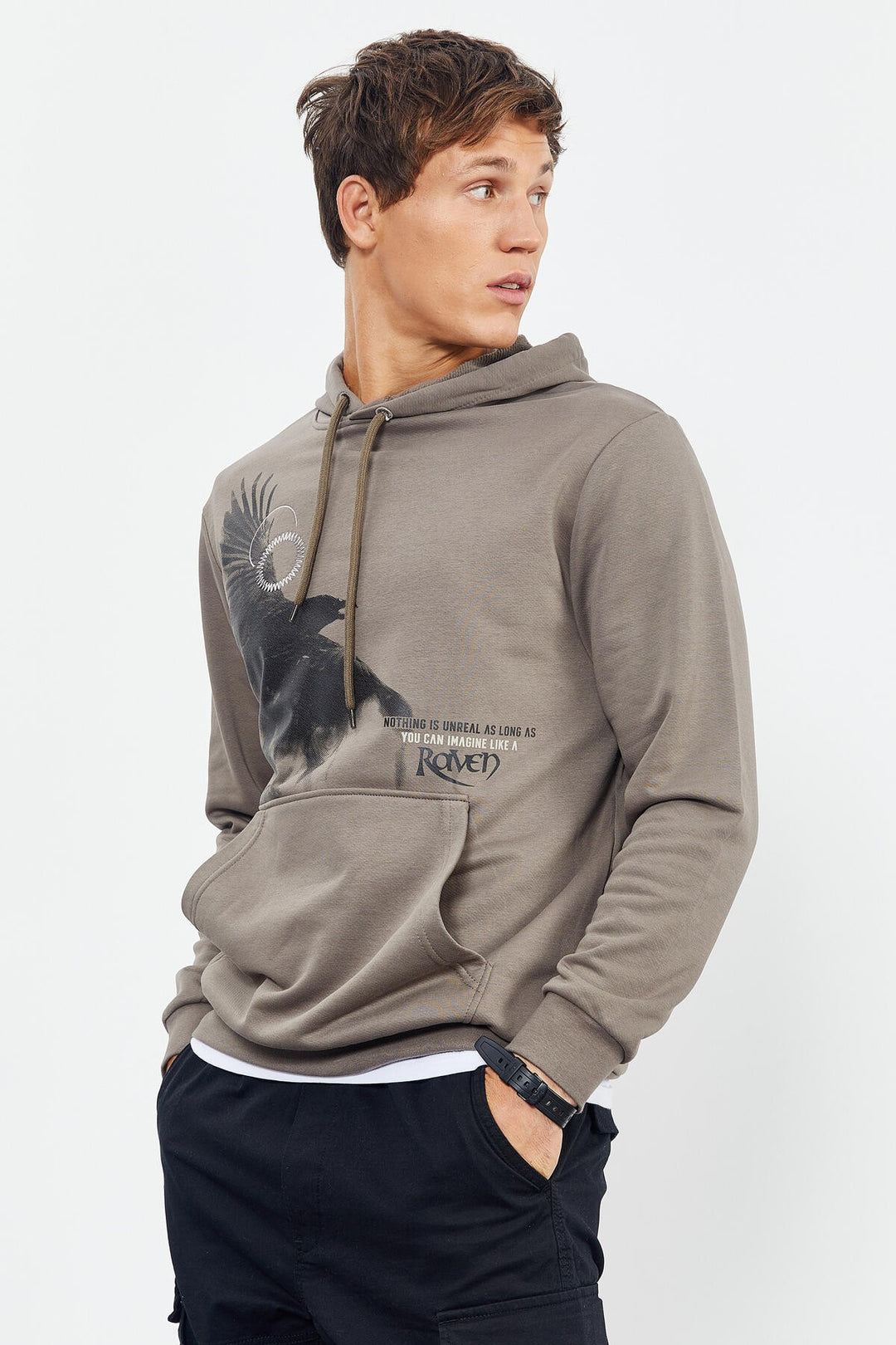 TMY Camel Hooded Kangaroo Pocket Men's Sweatshirt with Crow Print - 88014 - Lafayette