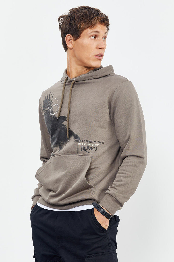 TMY Camel Hooded Kangaroo Pocket Men's Sweatshirt with Crow Print - 88014 - Lafayette