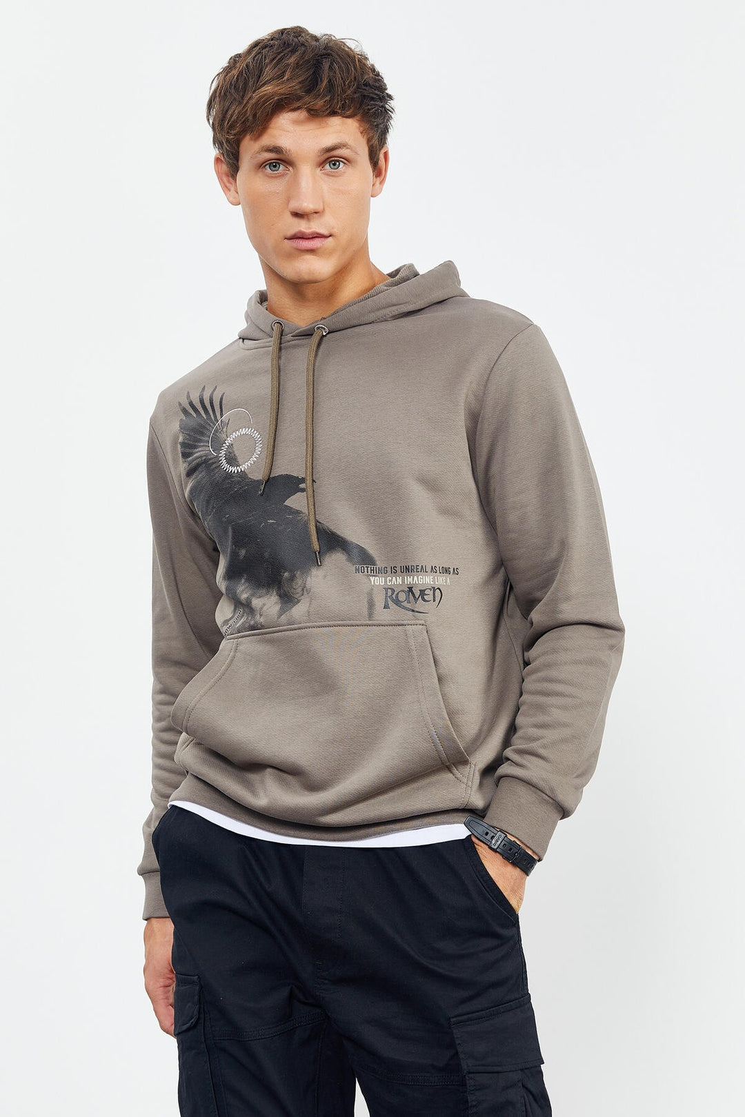 TMY Camel Hooded Kangaroo Pocket Men's Sweatshirt with Crow Print - 88014 - Lafayette