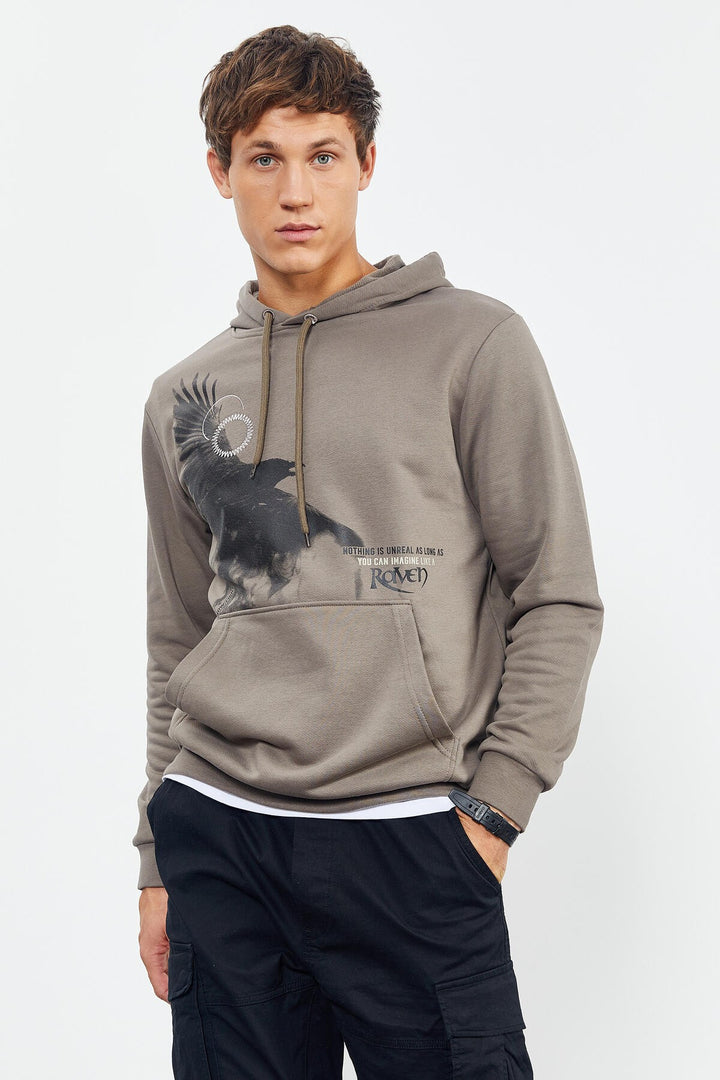 TMY Camel Hooded Kangaroo Pocket Men's Sweatshirt with Crow Print - 88014 - Lafayette