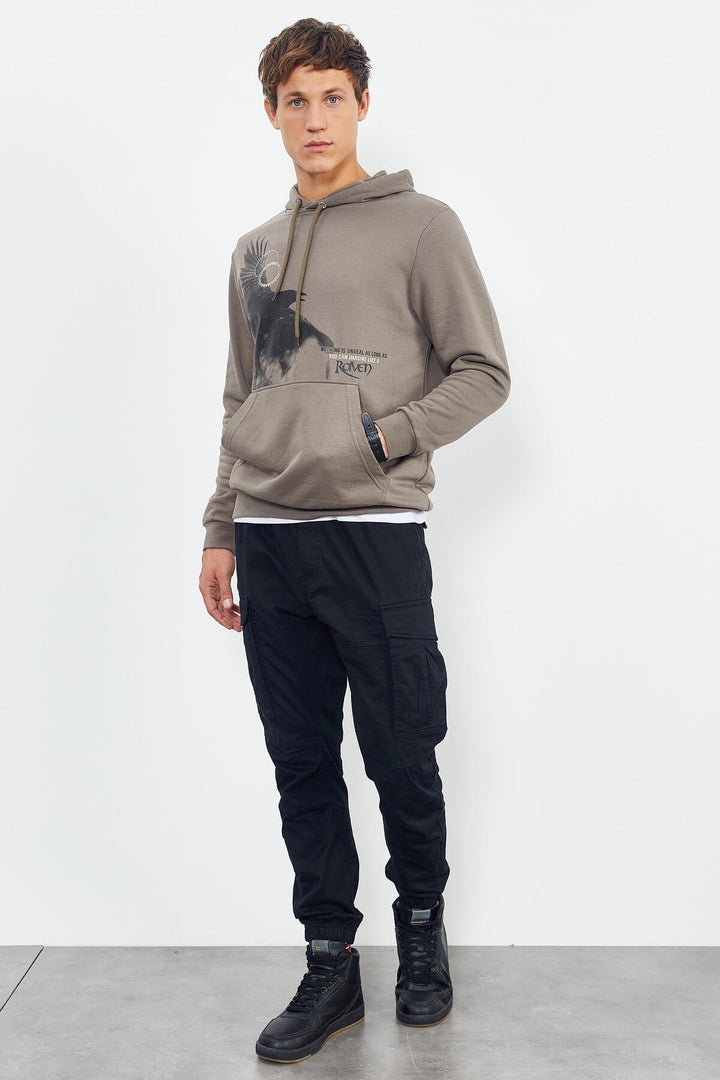 TMY Camel Hooded Kangaroo Pocket Men's Sweatshirt with Crow Print - 88014 - Lafayette