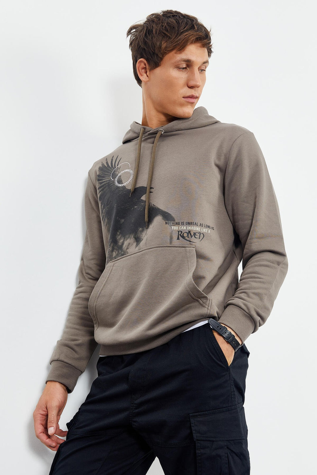 TMY Camel Hooded Kangaroo Pocket Men's Sweatshirt with Crow Print - 88014 - Lafayette