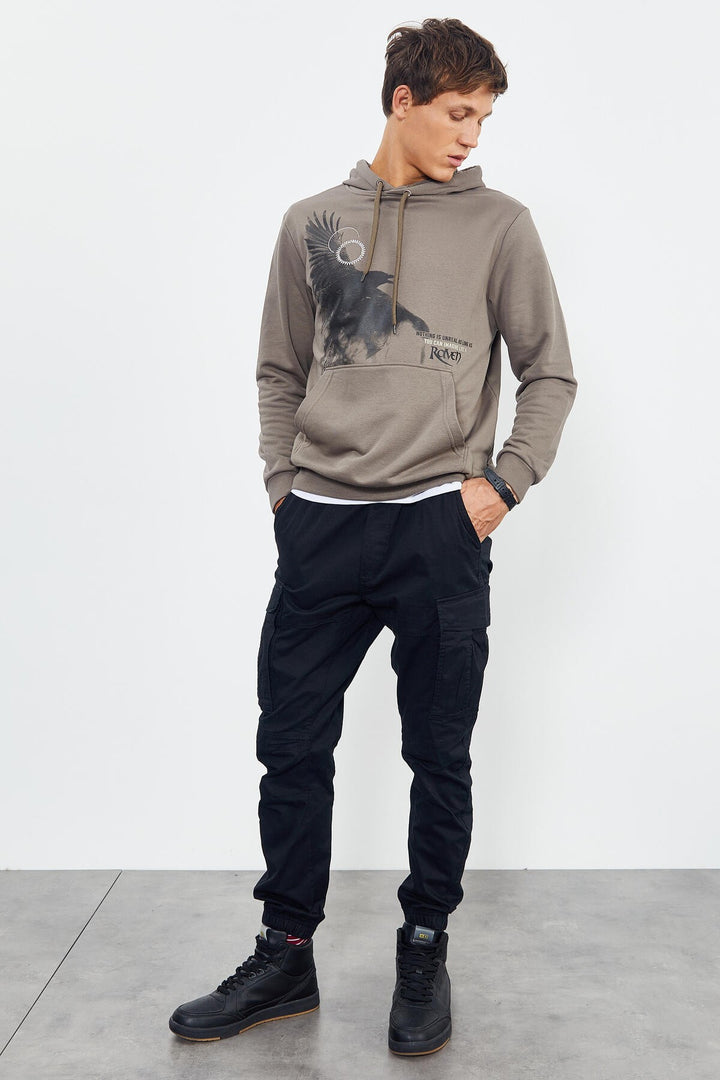TMY Camel Hooded Kangaroo Pocket Men's Sweatshirt with Crow Print - 88014 - Lafayette