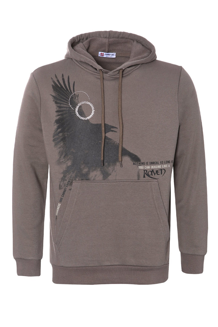 TMY Camel Hooded Kangaroo Pocket Men's Sweatshirt with Crow Print - 88014 - Lafayette