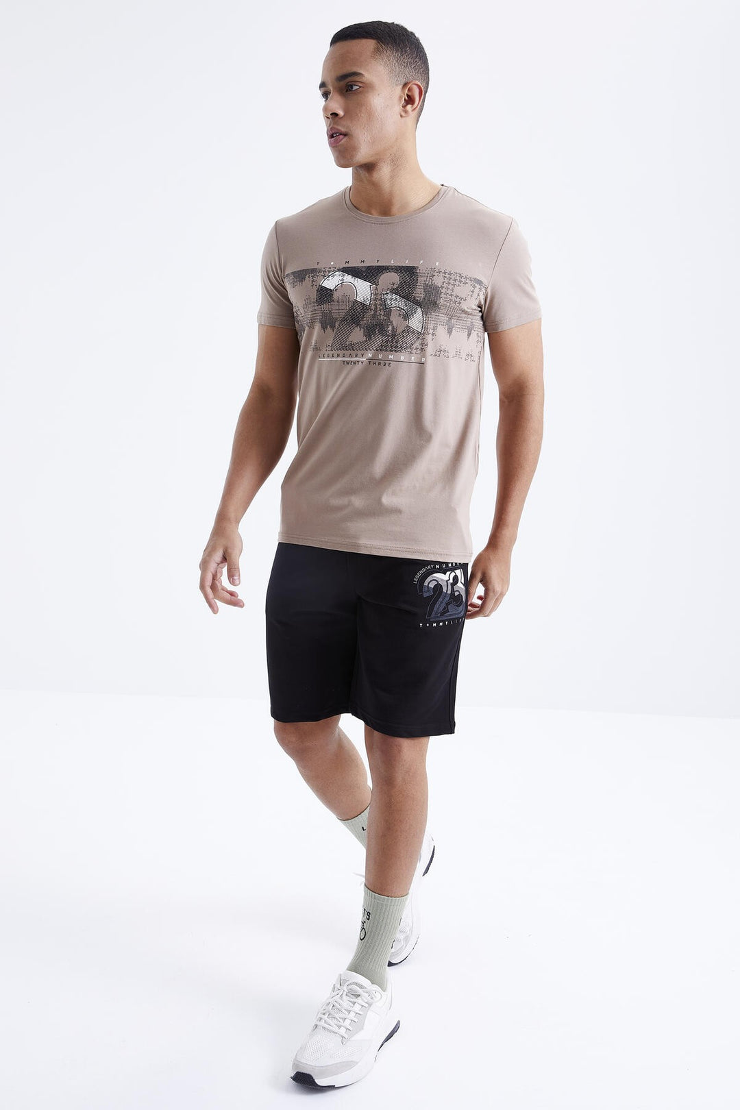 TMY Camel - Black Printed Detail O Neck Standard Mold Bermuda Men's Shorts Suit - 85171 - Hillsboro